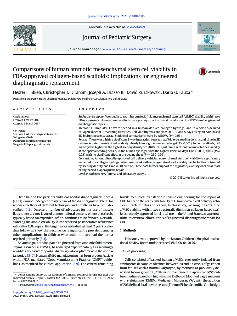 Basic Science PaperComparisons of human amniotic mesenchymal stem cell viability in FDA-approved collagen-based scaffolds: Implications for engineered diaphragmatic replacement