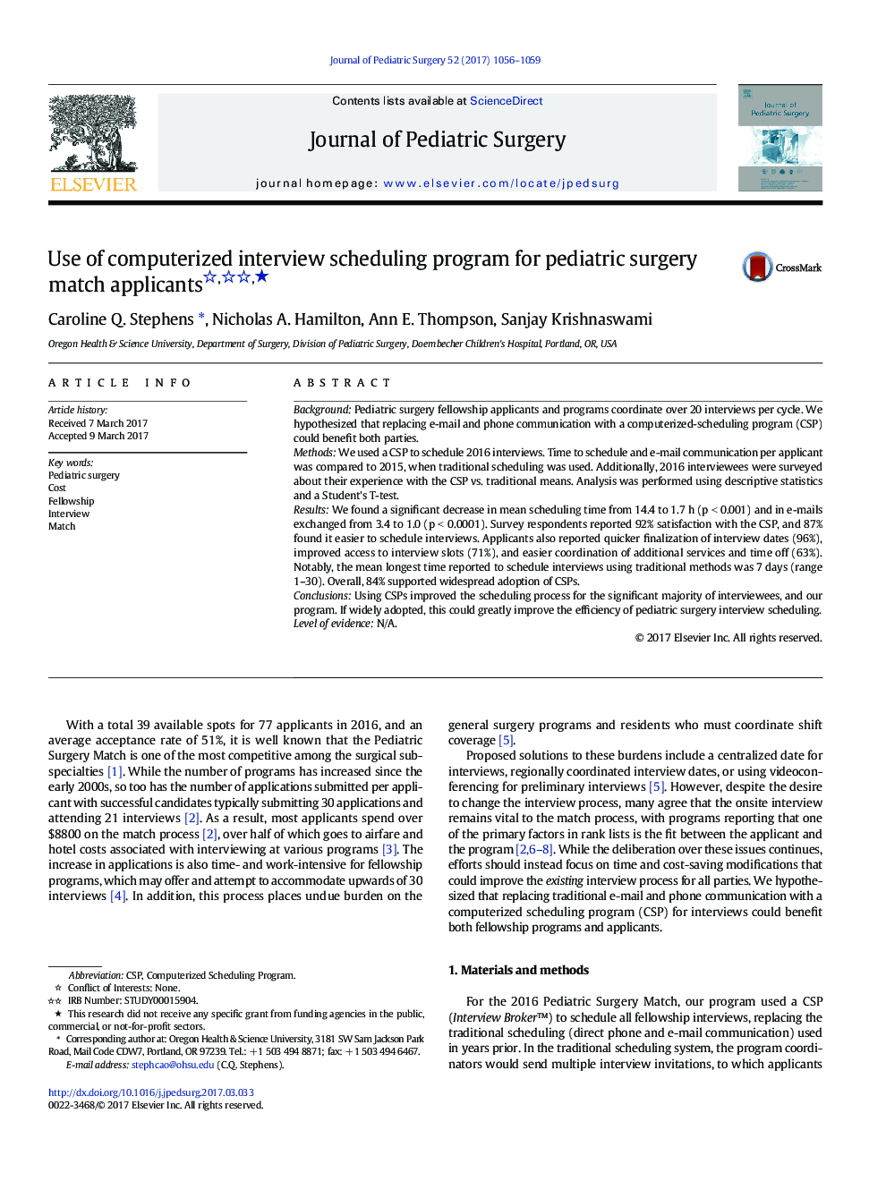Practice ManagementUse of computerized interview scheduling program for pediatric surgery match applicantsâ