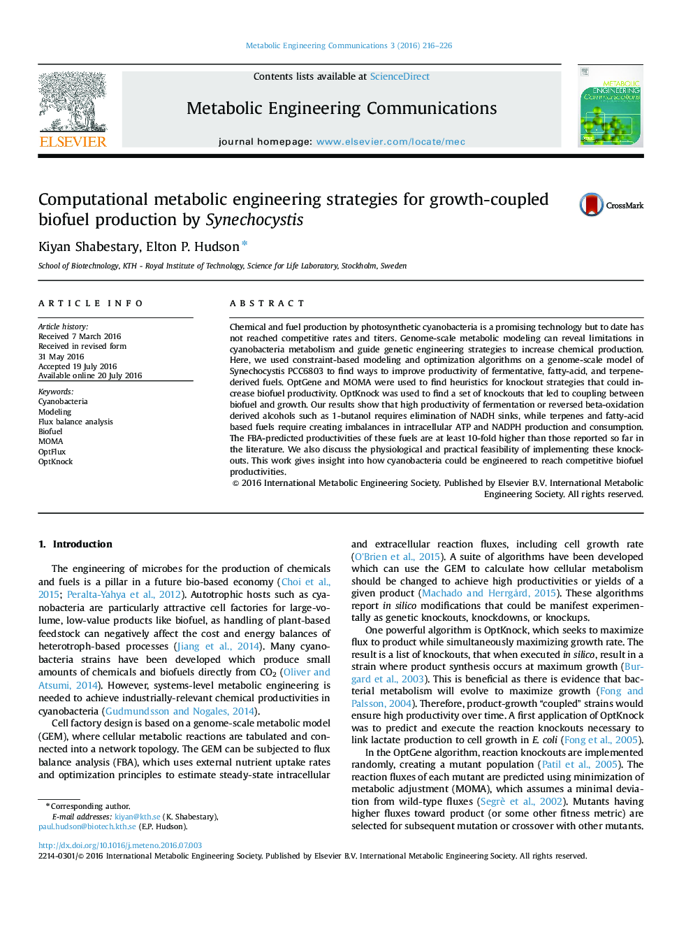 Computational metabolic engineering strategies for growth-coupled biofuel production by Synechocystis