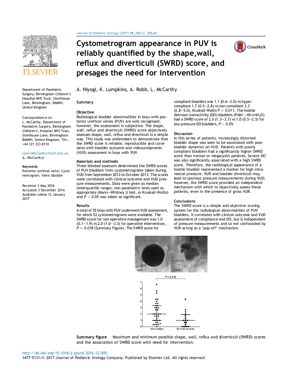 Cystometrogram appearance in PUV is reliably quantified by the shape,wall, reflux and diverticuli (SWRD) score, and presages the need for intervention