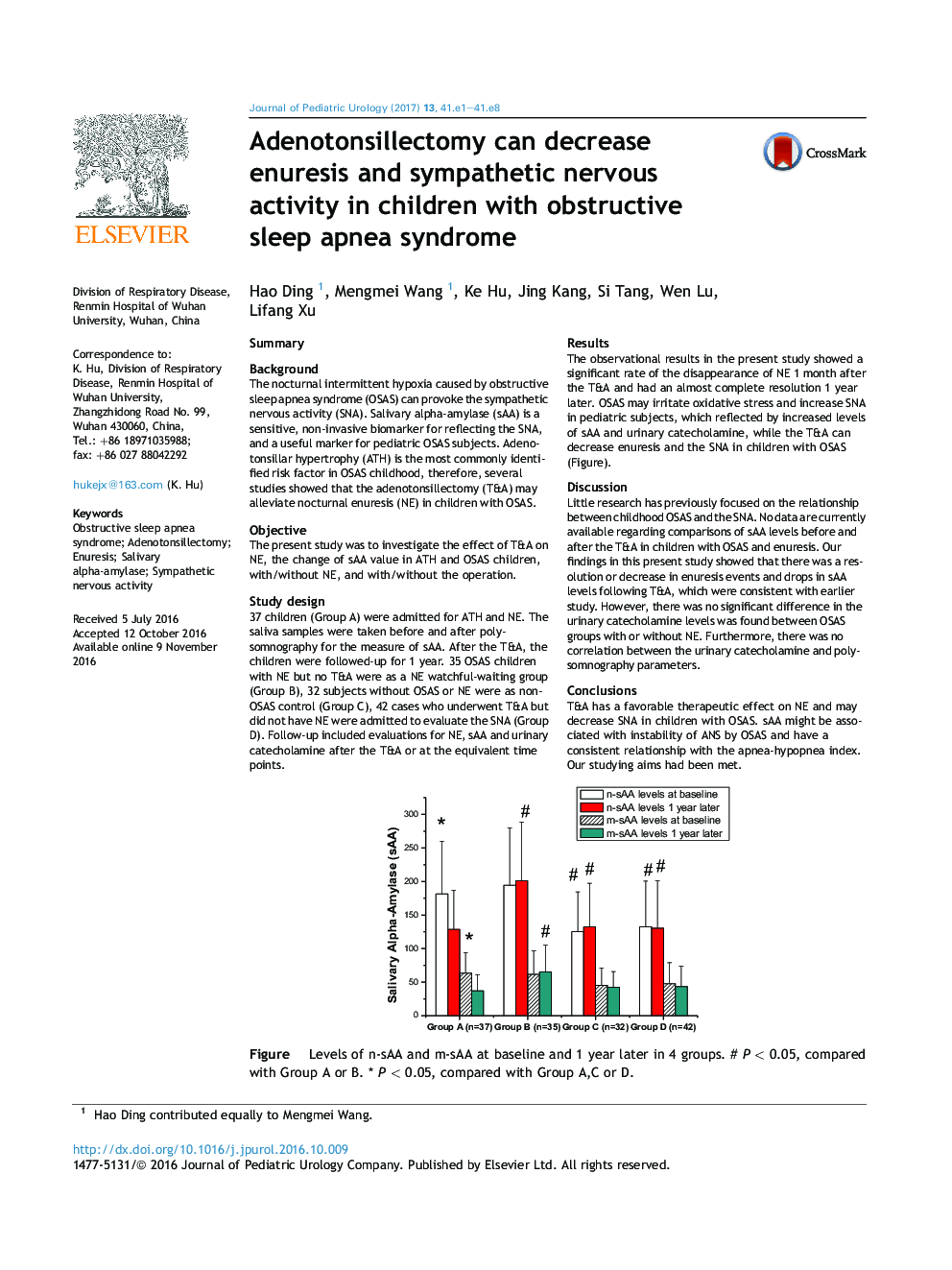 Adenotonsillectomy can decrease enuresis and sympathetic nervous activity in children with obstructive sleep apnea syndrome
