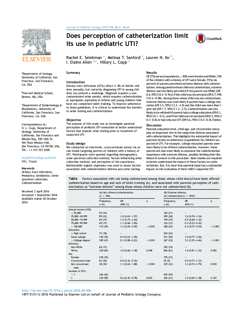 Does perception of catheterization limit its use in pediatric UTI?