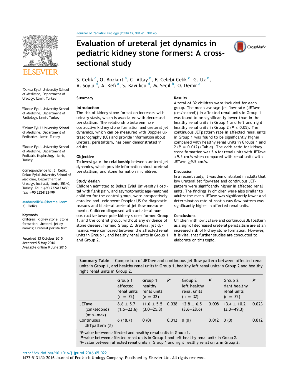 Evaluation of ureteral jet dynamics in pediatric kidney stone formers: A cross-sectional study