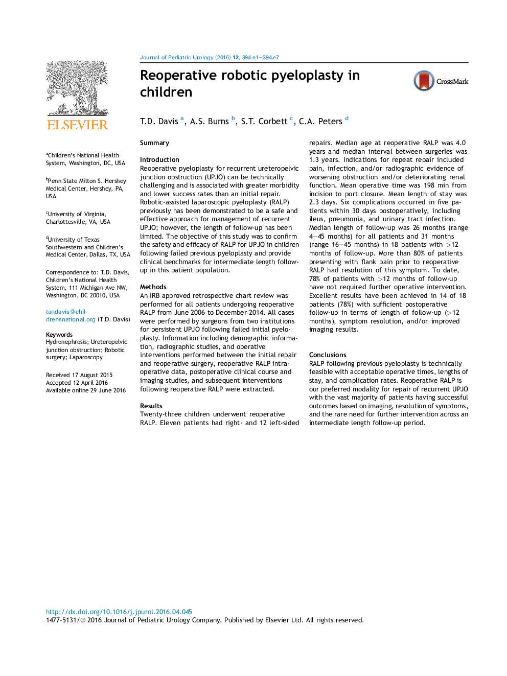 Reoperative robotic pyeloplasty in children