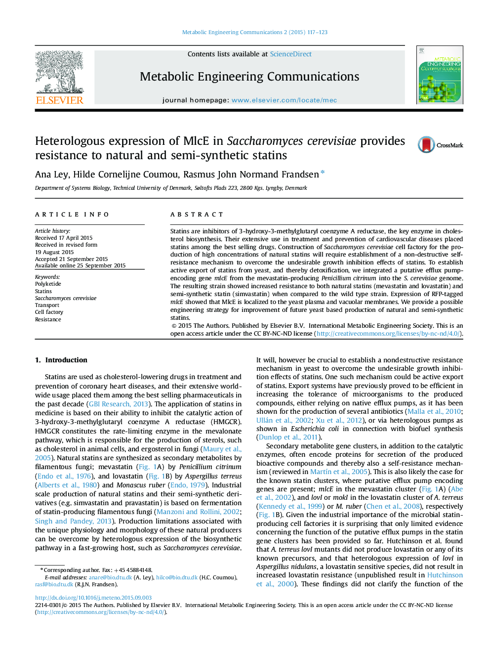 Heterologous expression of MlcE in Saccharomyces cerevisiae provides resistance to natural and semi-synthetic statins