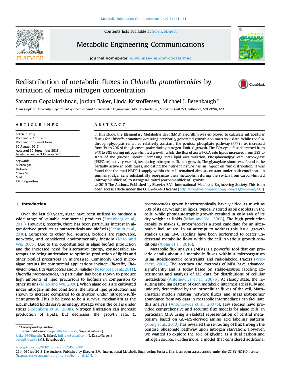 Redistribution of metabolic fluxes in Chlorella protothecoides by variation of media nitrogen concentration