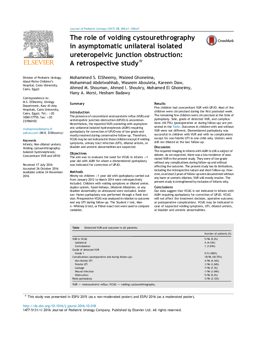 The role of voiding cystourethrography in asymptomatic unilateral isolated ureteropelvic junction obstruction: A retrospective study