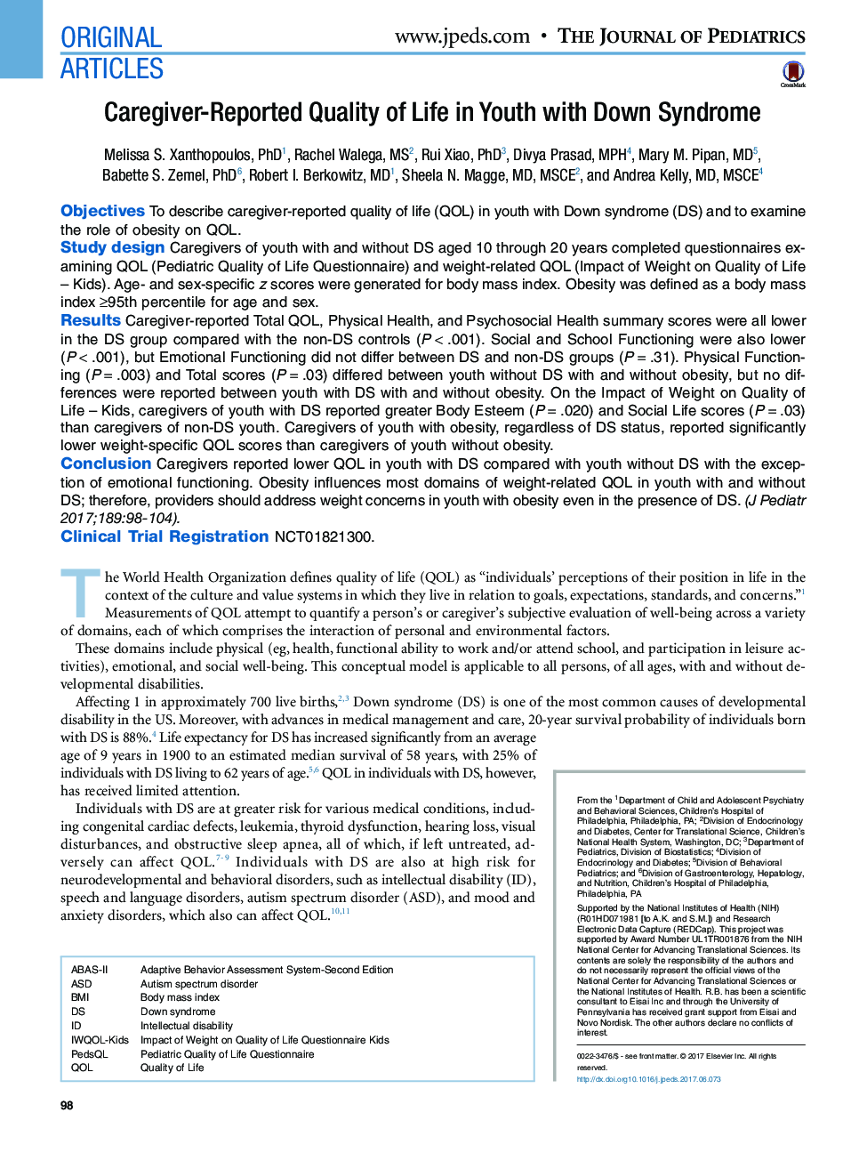 Original ArticlesCaregiver-Reported Quality of Life in Youth with Down Syndrome