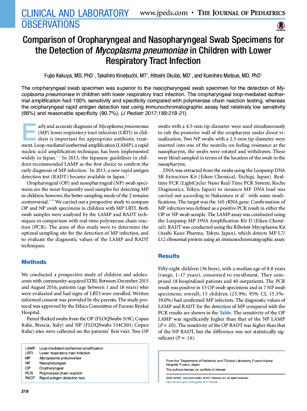 Clinical and laboratory observationsComparison of Oropharyngeal and Nasopharyngeal Swab Specimens for the Detection of Mycoplasma pneumoniae in Children with Lower Respiratory Tract Infection