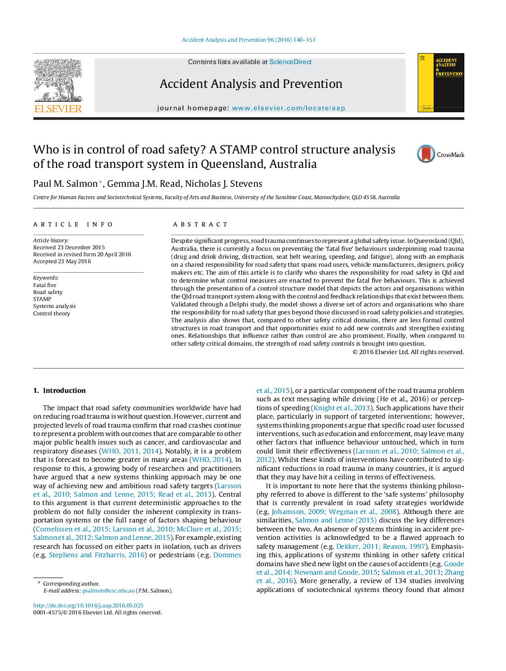 Who is in control of road safety? A STAMP control structure analysis of the road transport system in Queensland, Australia