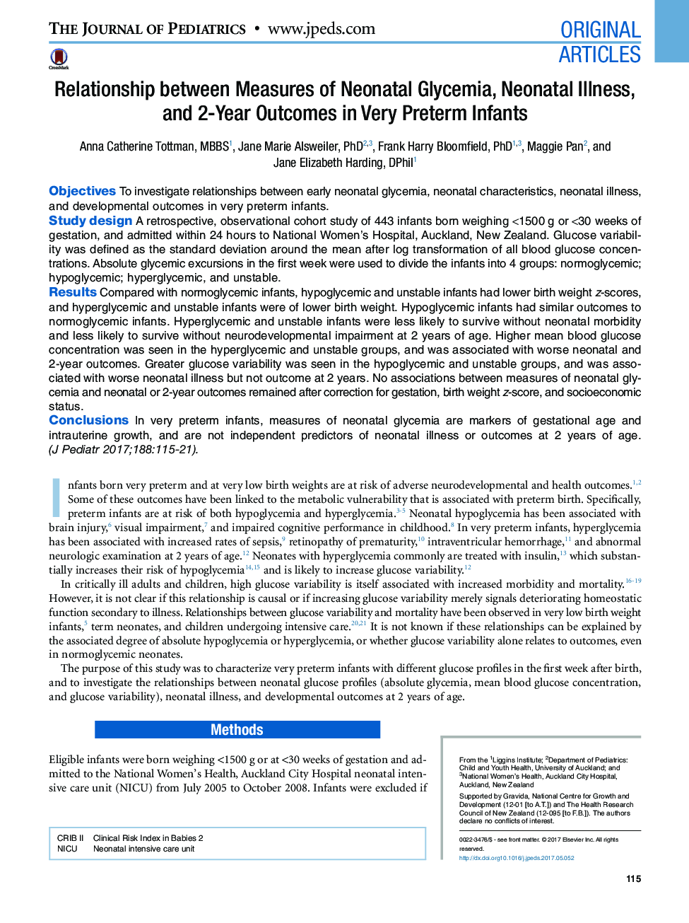 Original ArticlesRelationship between Measures of Neonatal Glycemia, Neonatal Illness, and 2-Year Outcomes in Very Preterm Infants