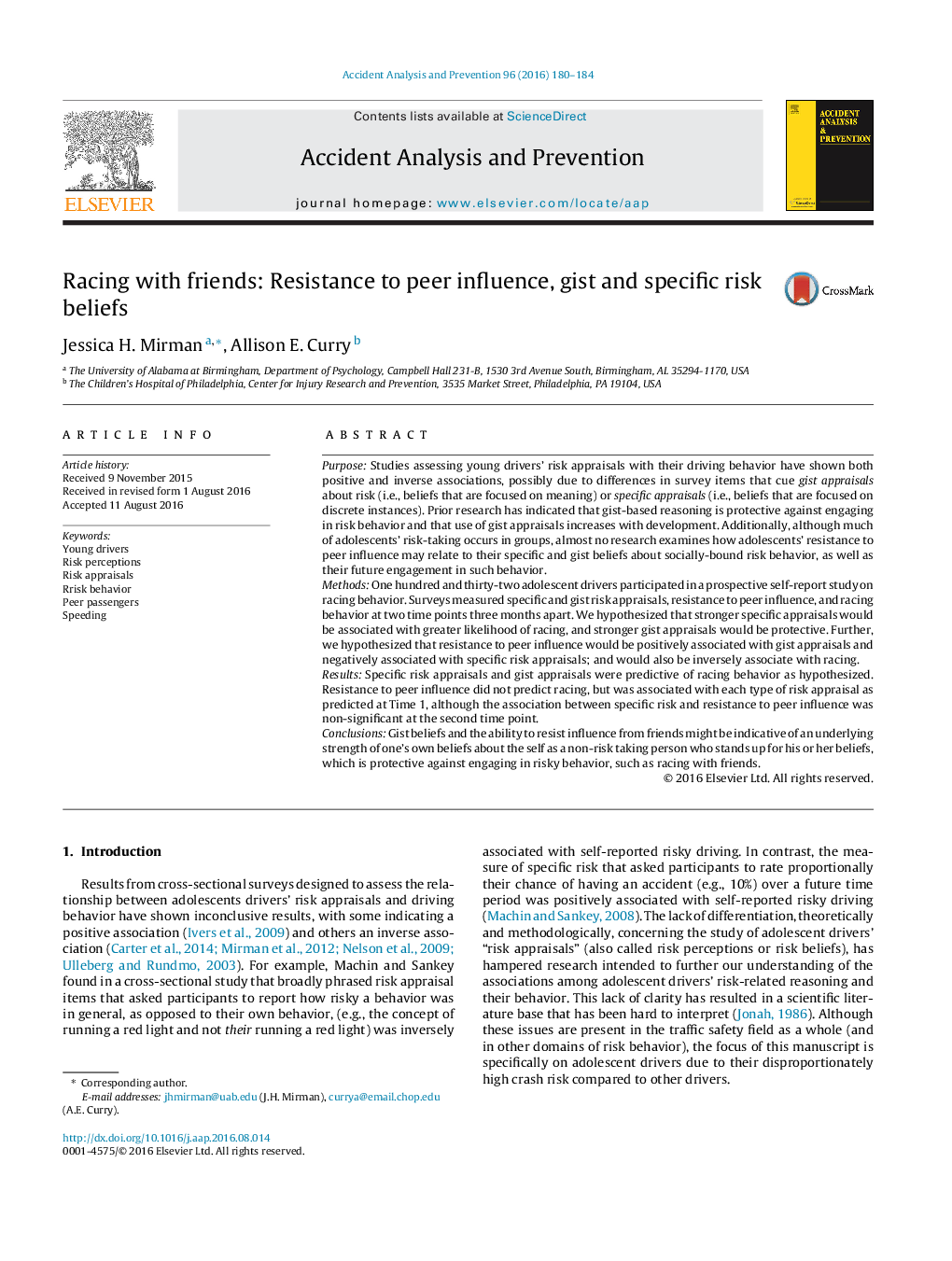 Racing with friends: Resistance to peer influence, gist and specific risk beliefs