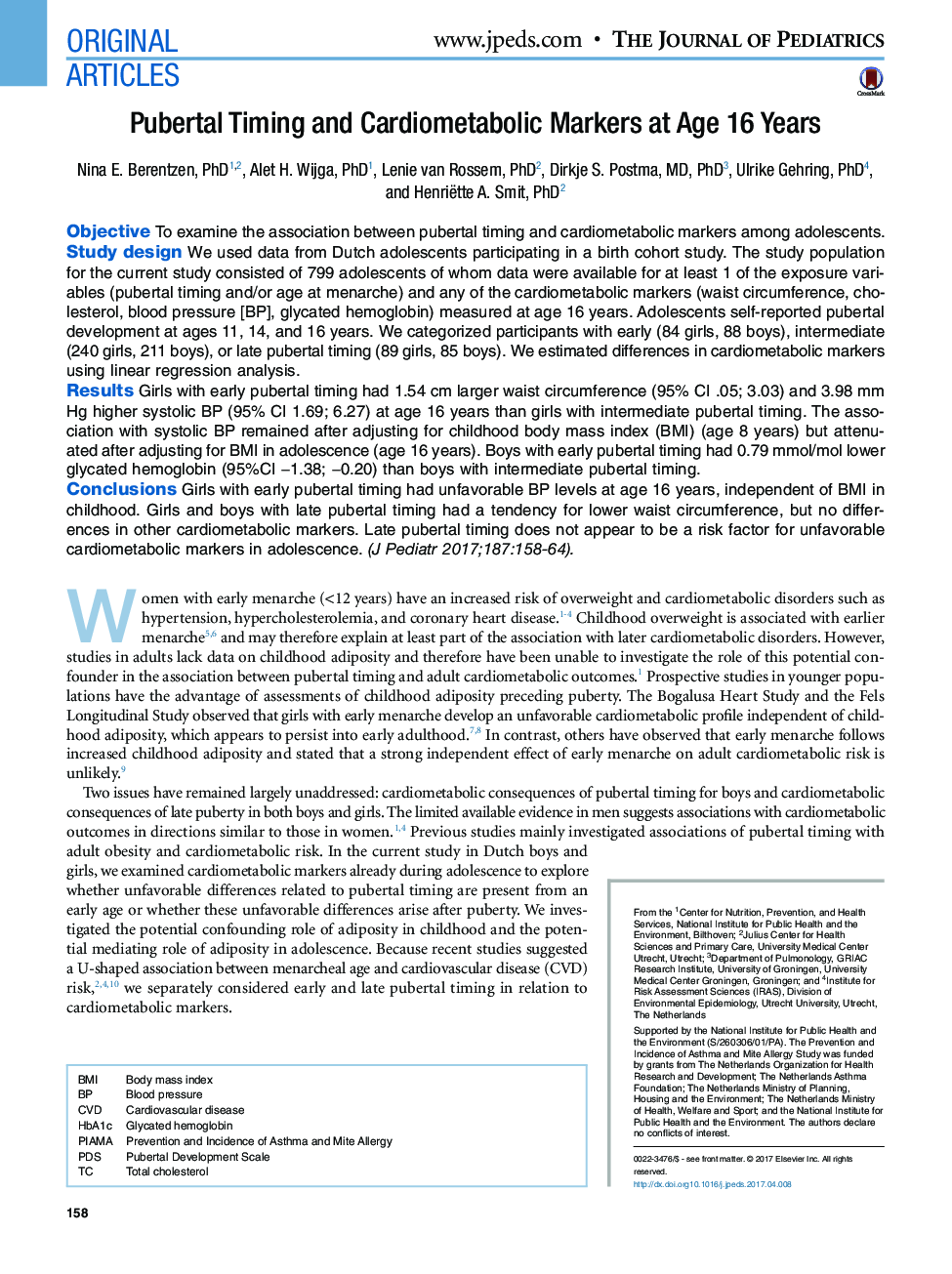 Original ArticlesPubertal Timing and Cardiometabolic Markers at Age 16 Years