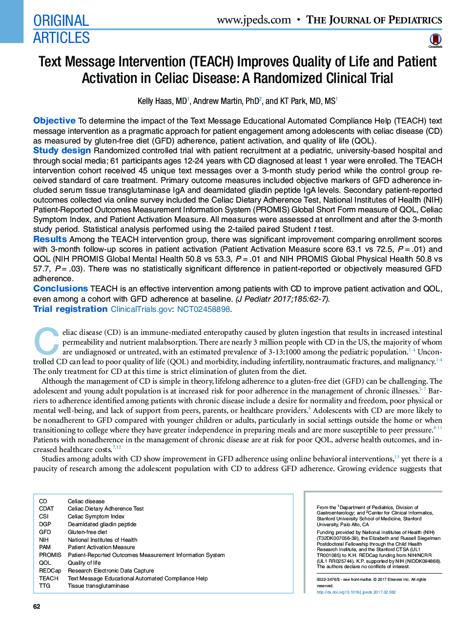 Original ArticlesText Message Intervention (TEACH) Improves Quality of Life and Patient Activation in Celiac Disease: A Randomized Clinical Trial