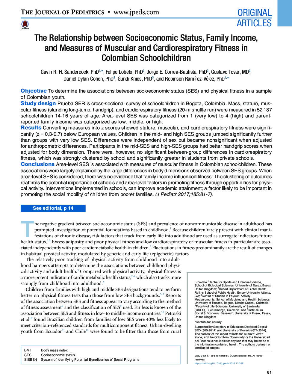 The Relationship between Socioeconomic Status, Family Income, and Measures of Muscular and Cardiorespiratory Fitness in Colombian Schoolchildren