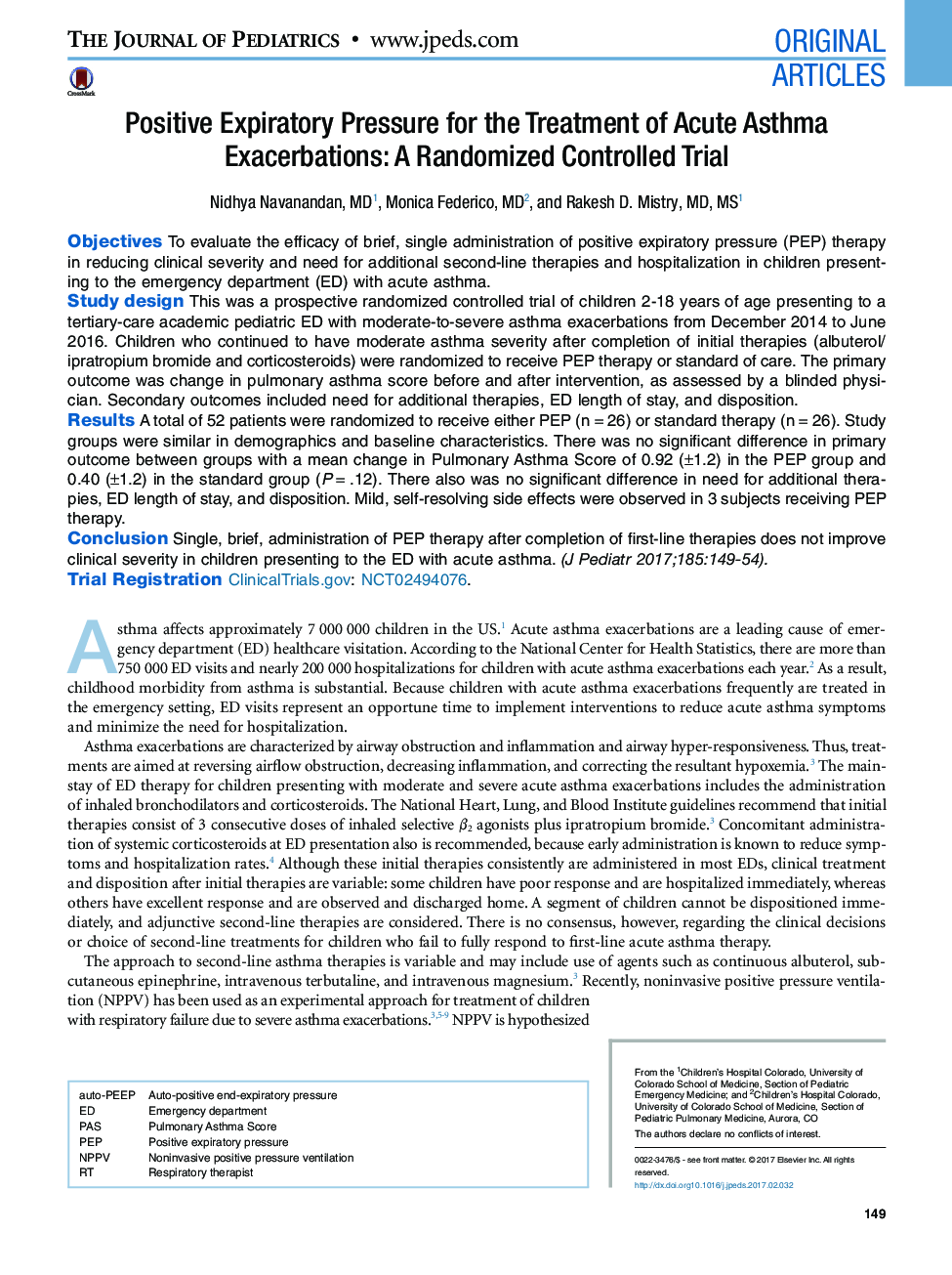 Original ArticlesPositive Expiratory Pressure for the Treatment of Acute Asthma Exacerbations: A Randomized Controlled Trial