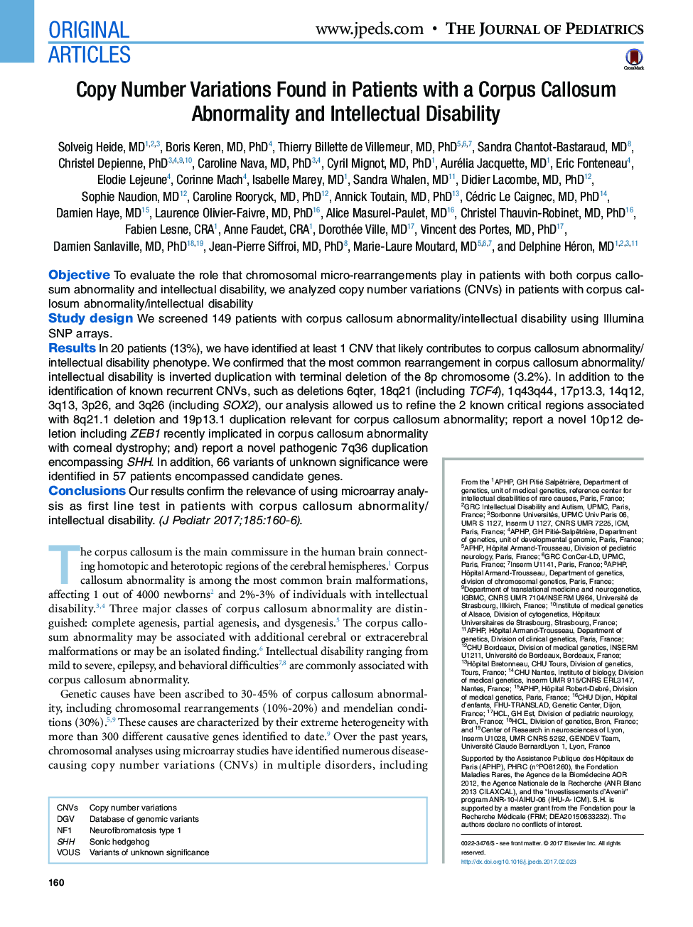 Original ArticlesCopy Number Variations Found in Patients with a Corpus Callosum Abnormality and Intellectual Disability