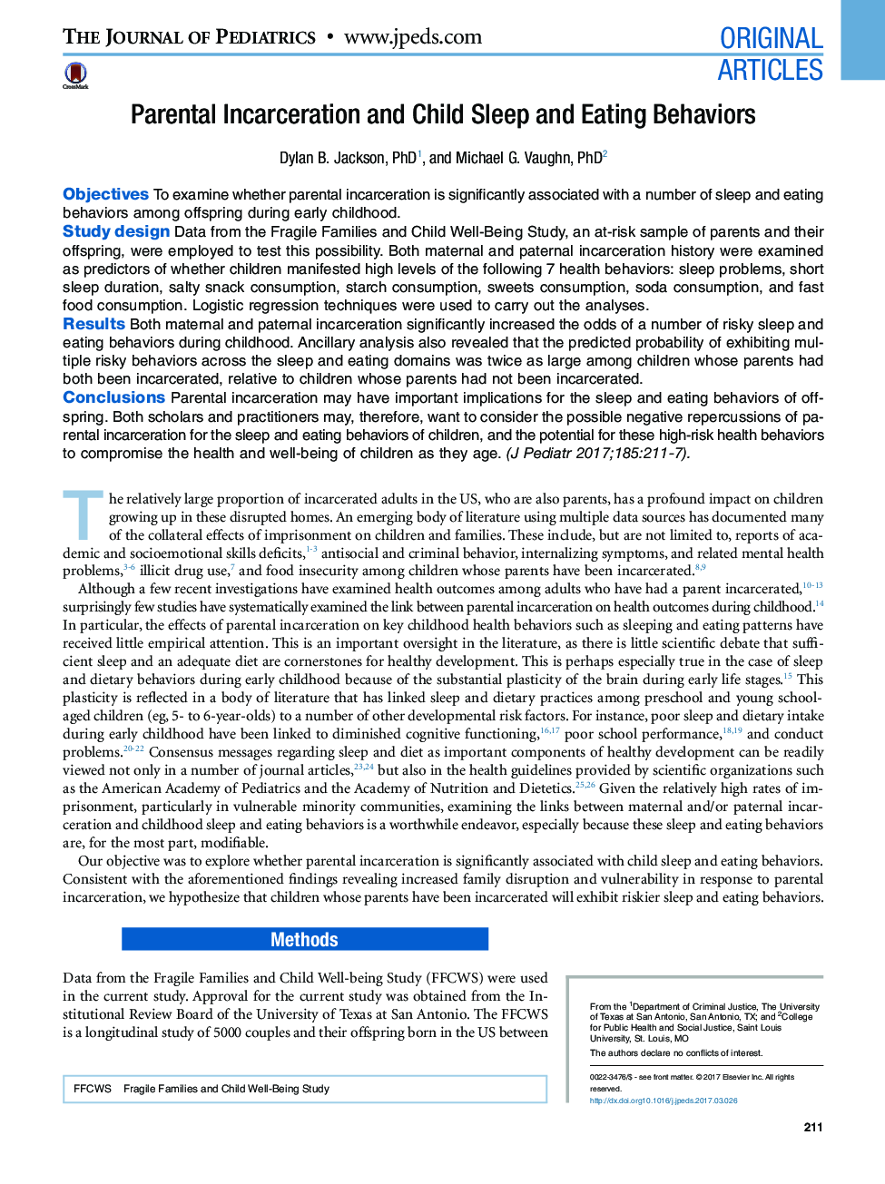 Original ArticlesParental Incarceration and Child Sleep and Eating Behaviors