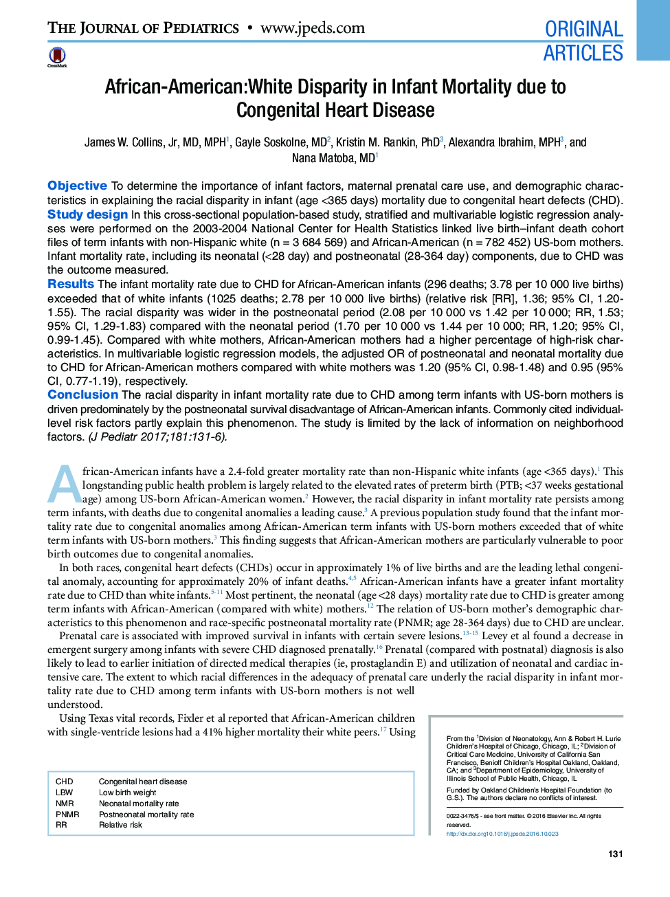 Original ArticlesAfrican-American:White Disparity in Infant Mortality due to Congenital Heart Disease