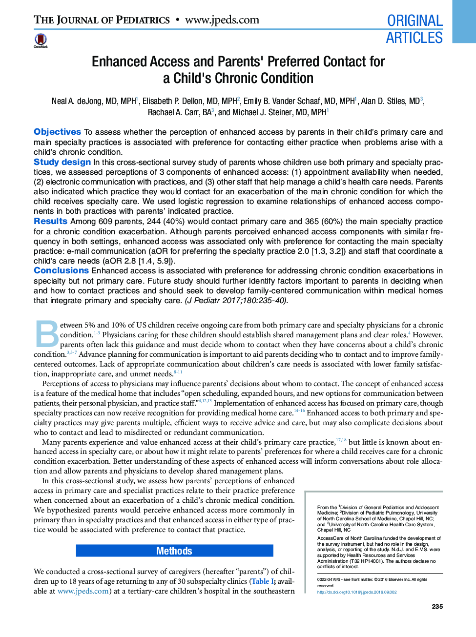 Original ArticlesEnhanced Access and Parents' Preferred Contact for a Child's Chronic Condition