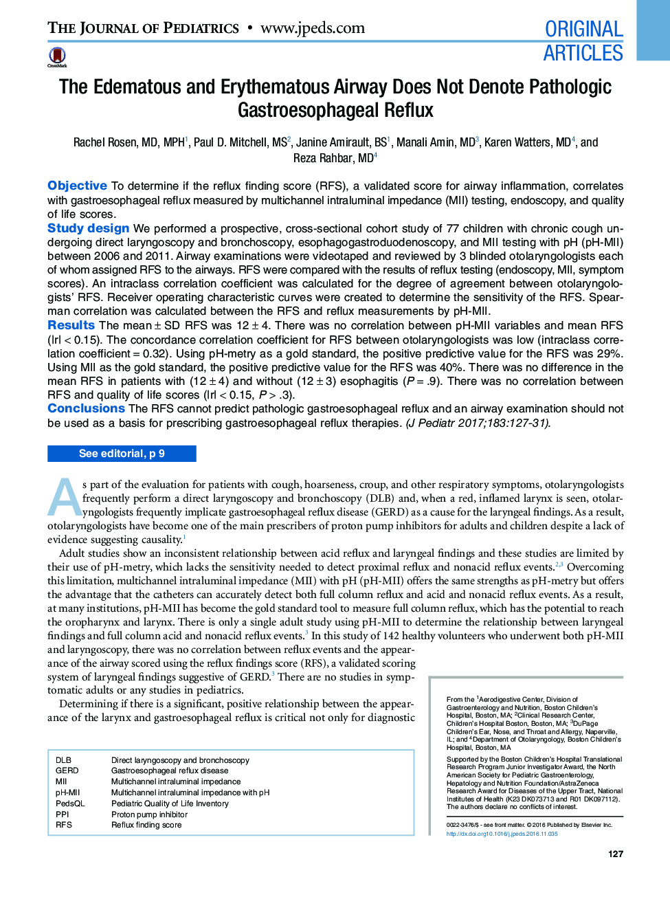 Original ArticlesThe Edematous and Erythematous Airway Does Not Denote Pathologic Gastroesophageal Reflux