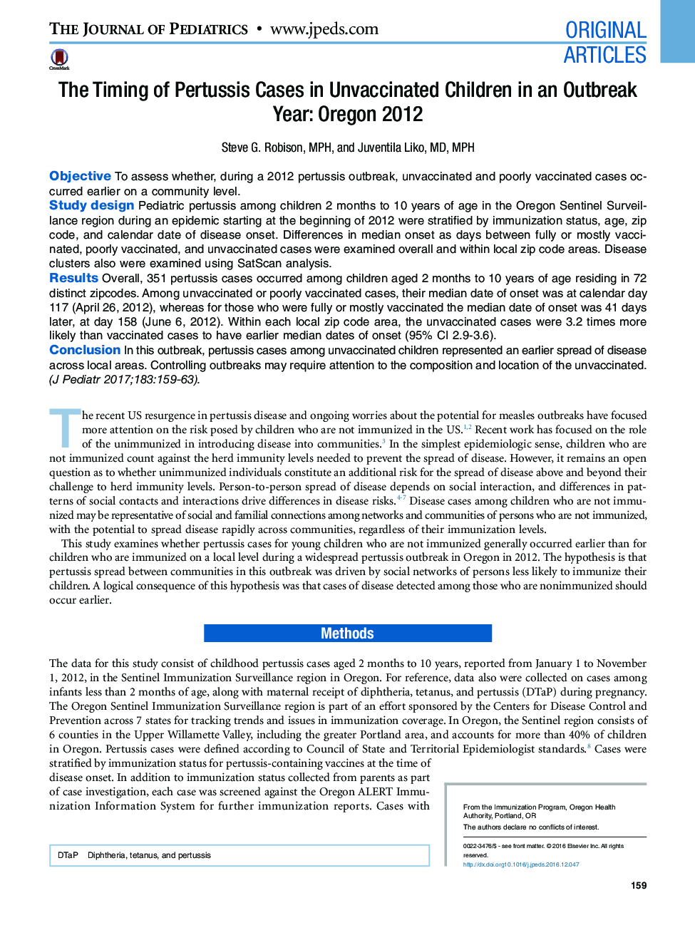 Original ArticlesThe Timing of Pertussis Cases in Unvaccinated Children in an Outbreak Year: Oregon 2012