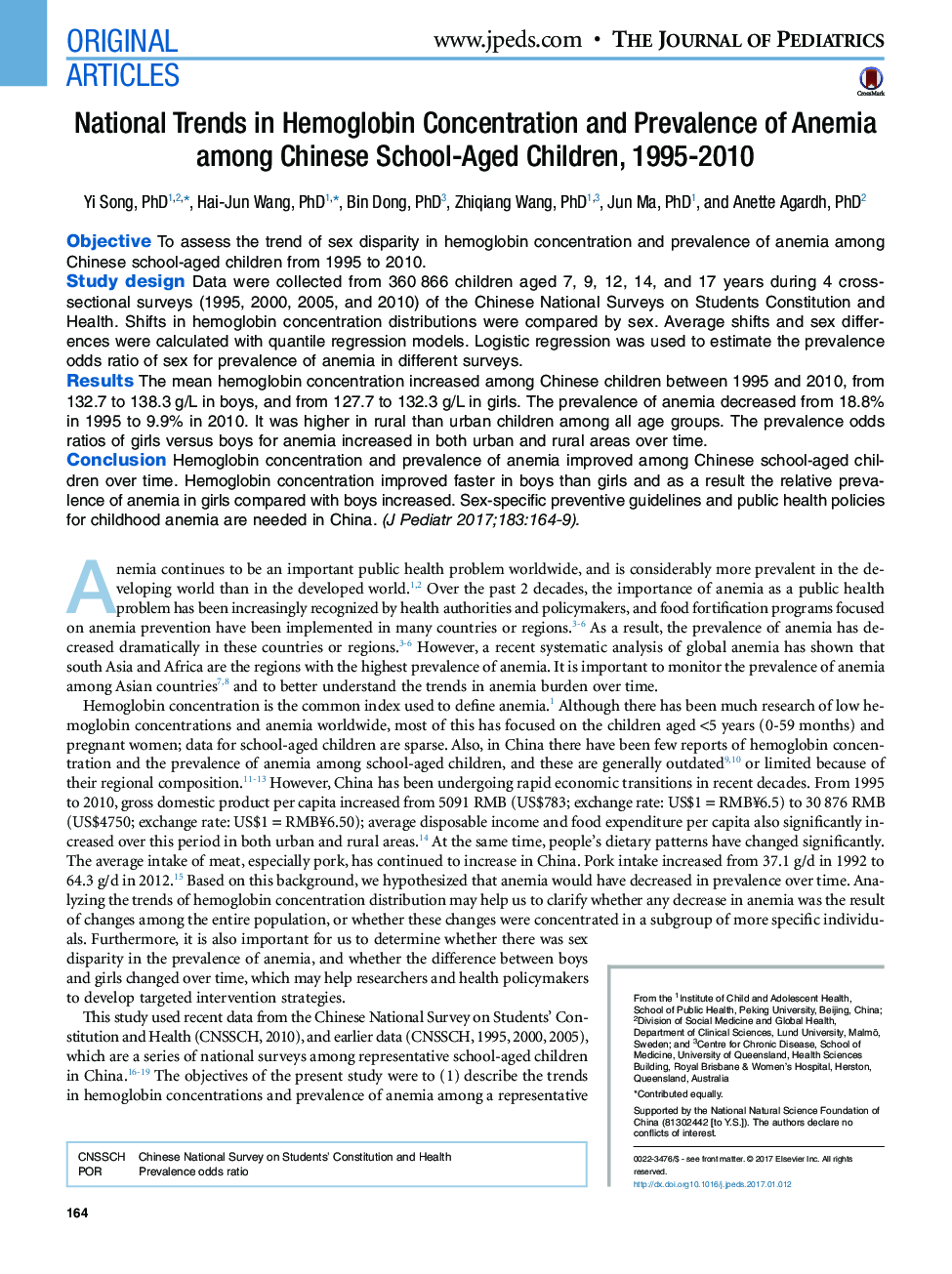 Original ArticlesNational Trends in Hemoglobin Concentration and Prevalence of Anemia among Chinese School-Aged Children, 1995-2010