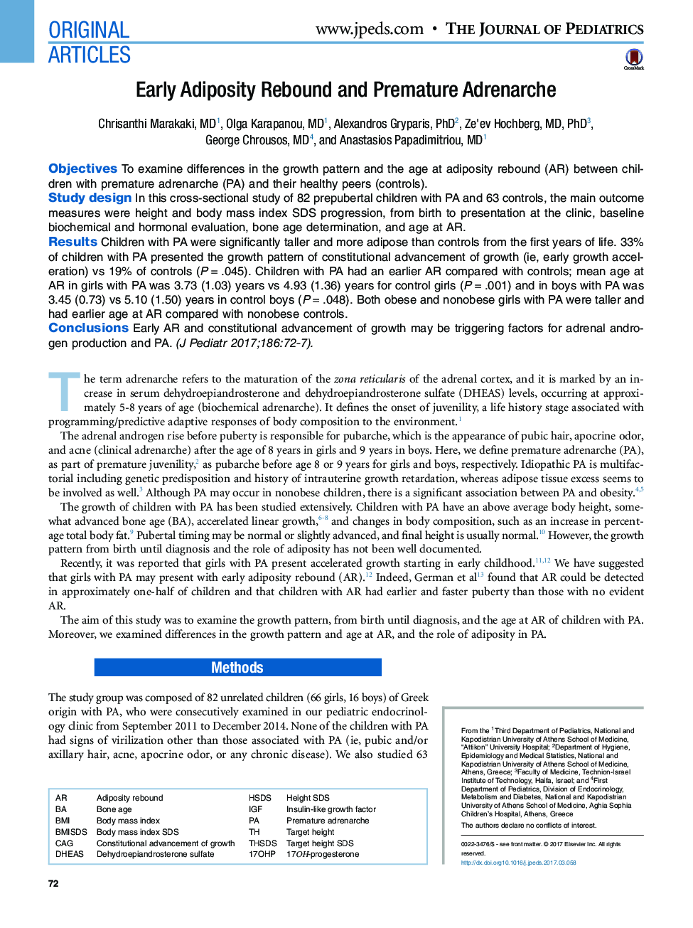 Original ArticlesEarly Adiposity Rebound and Premature Adrenarche