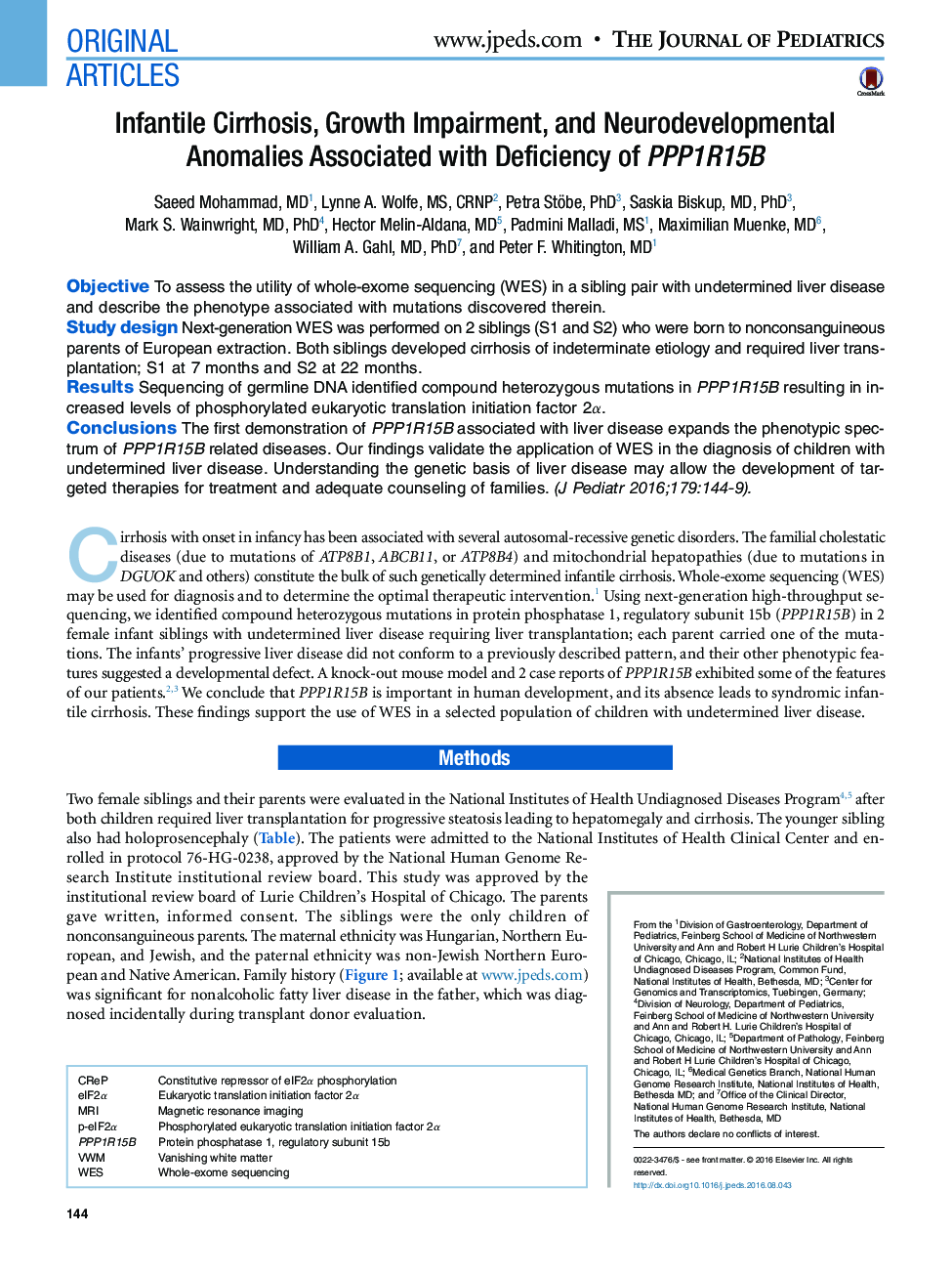 Original ArticlesInfantile Cirrhosis, Growth Impairment, and Neurodevelopmental Anomalies Associated with Deficiency of PPP1R15B