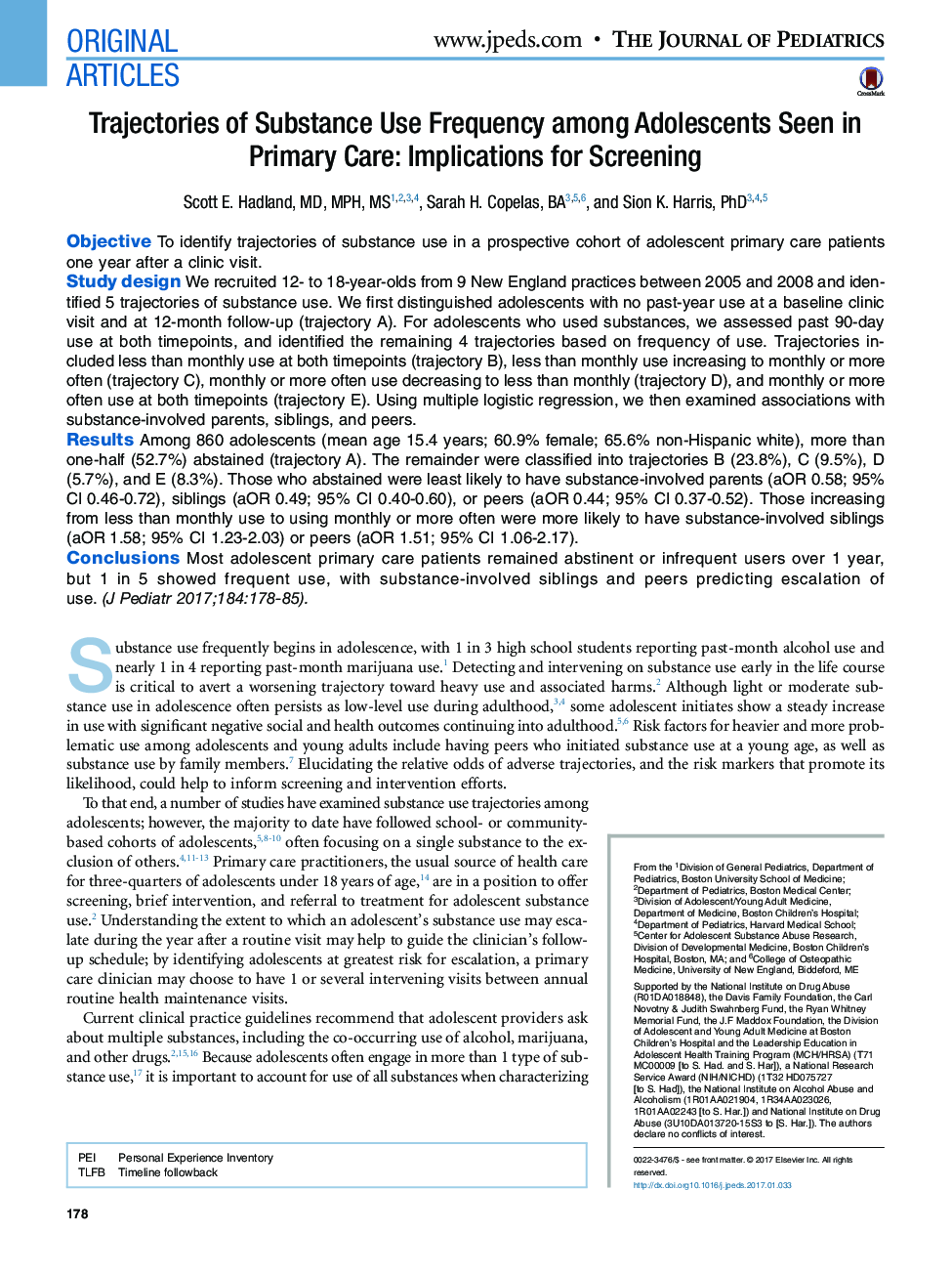 Original ArticlesTrajectories of Substance Use Frequency among Adolescents Seen in Primary Care: Implications for Screening