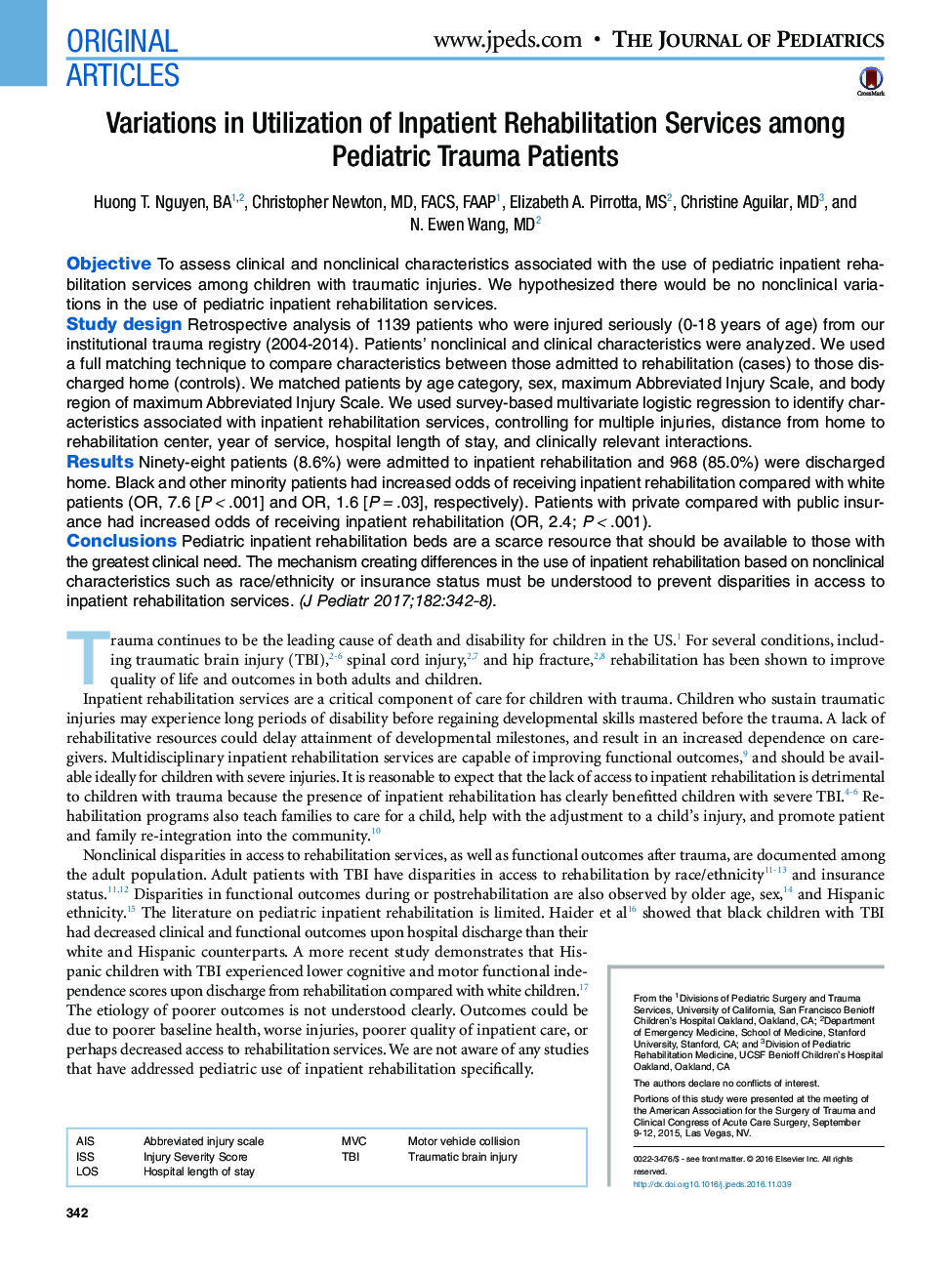 Original ArticlesVariations in Utilization of Inpatient Rehabilitation Services among Pediatric Trauma Patients