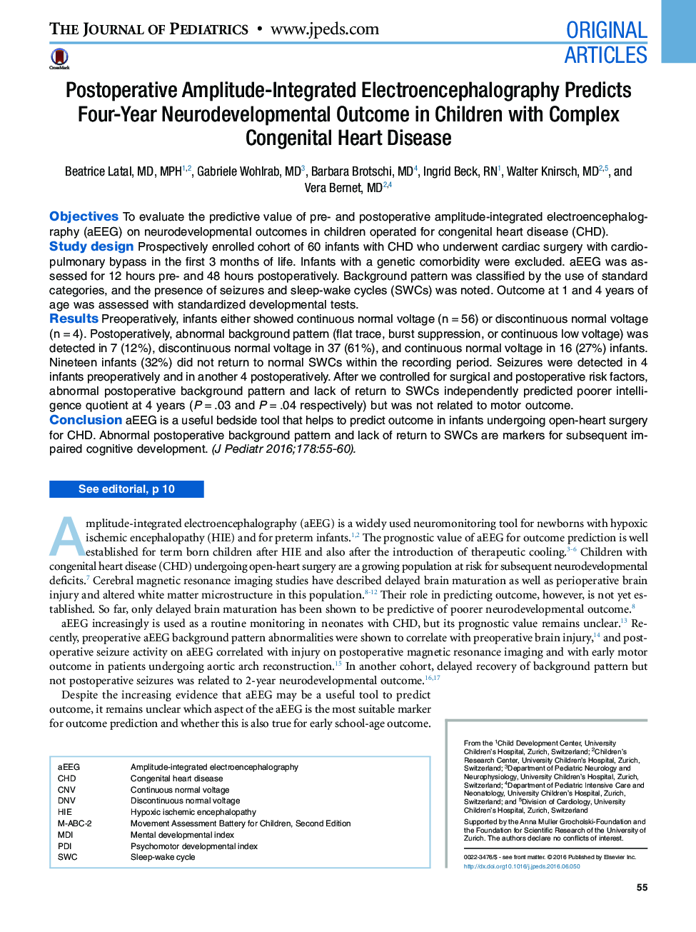 Original ArticlesPostoperative Amplitude-Integrated Electroencephalography Predicts Four-Year Neurodevelopmental Outcome in Children with Complex Congenital Heart Disease