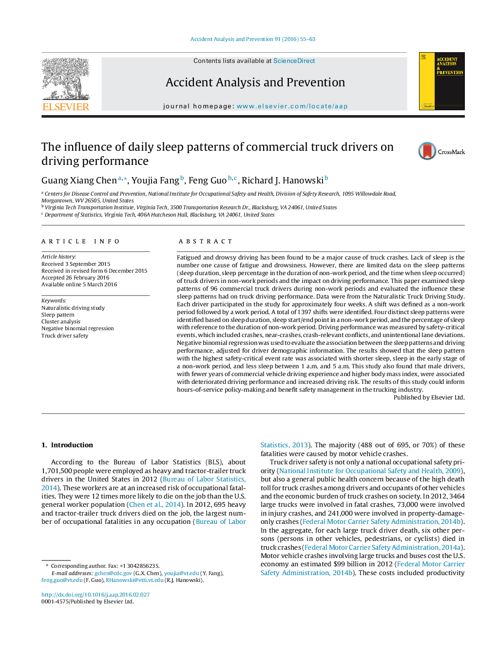 The influence of daily sleep patterns of commercial truck drivers on driving performance