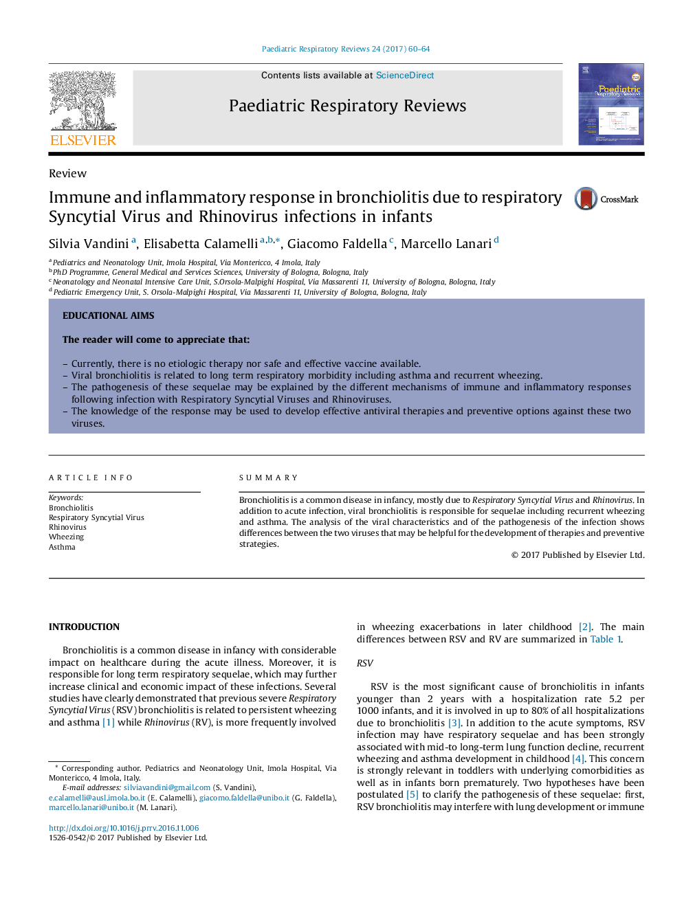 ReviewImmune and inflammatory response in bronchiolitis due to respiratory Syncytial Virus and Rhinovirus infections in infants