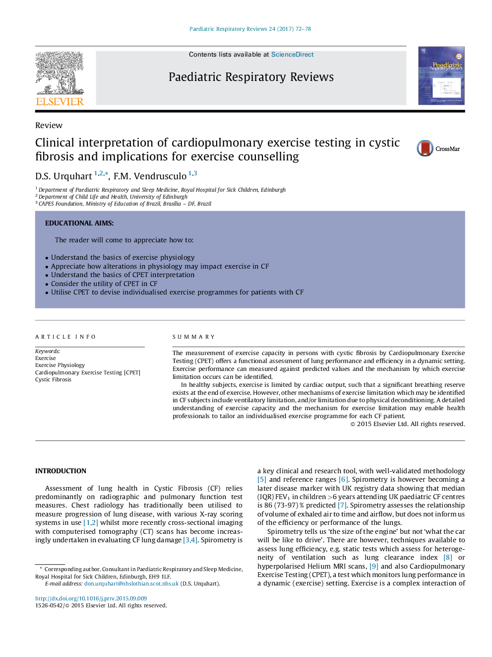 ReviewClinical interpretation of cardiopulmonary exercise testing in cystic fibrosis and implications for exercise counselling