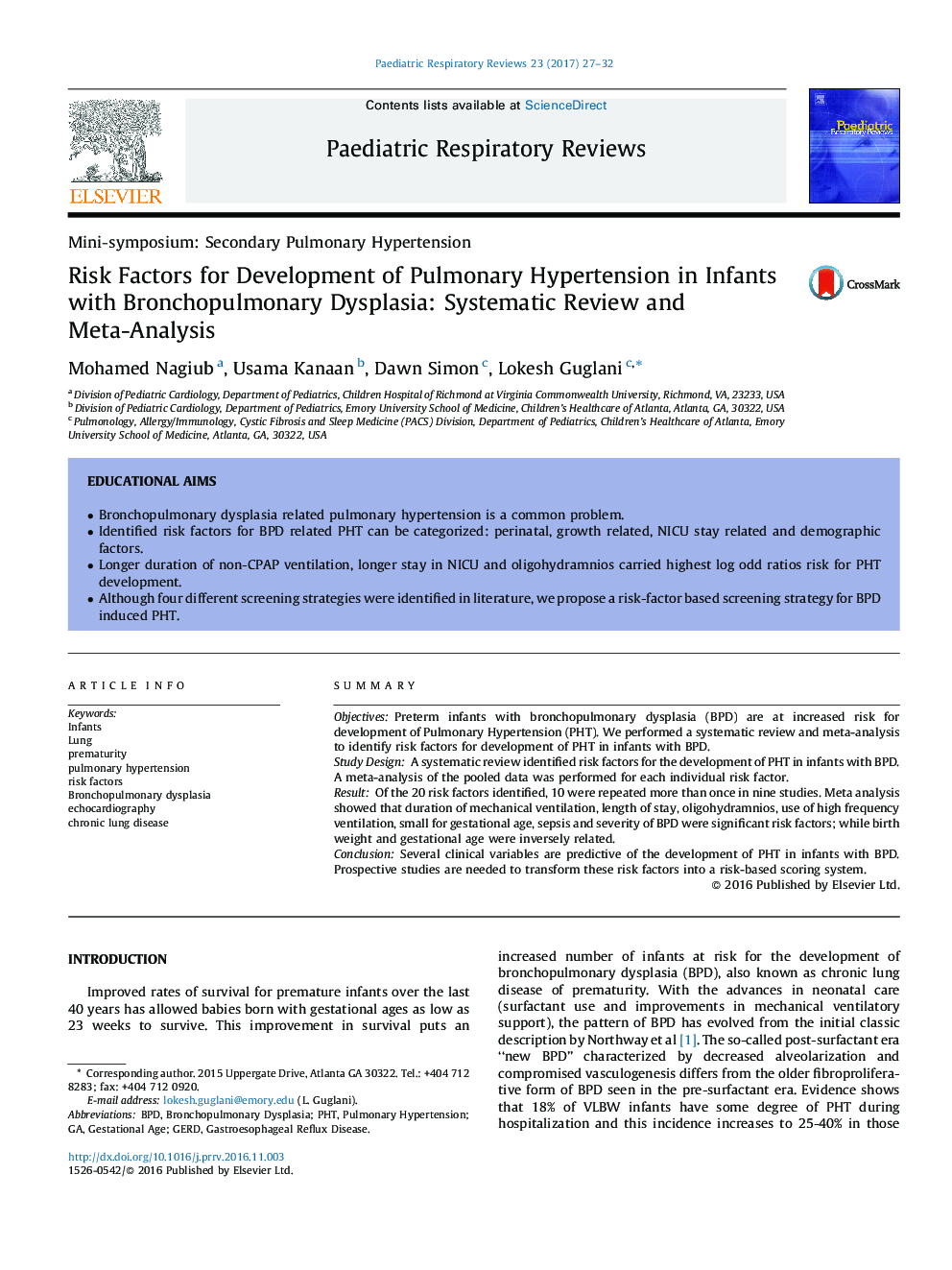 Mini-symposium: Secondary Pulmonary HypertensionRisk Factors for Development of Pulmonary Hypertension in Infants with Bronchopulmonary Dysplasia: Systematic Review and Meta-Analysis