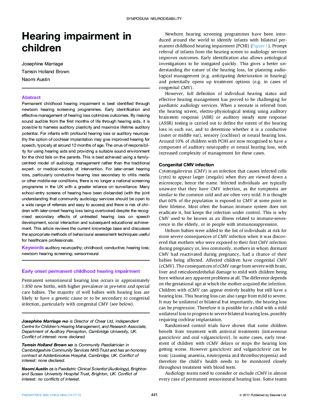 Symposium: neurodisabilityHearing impairment in children