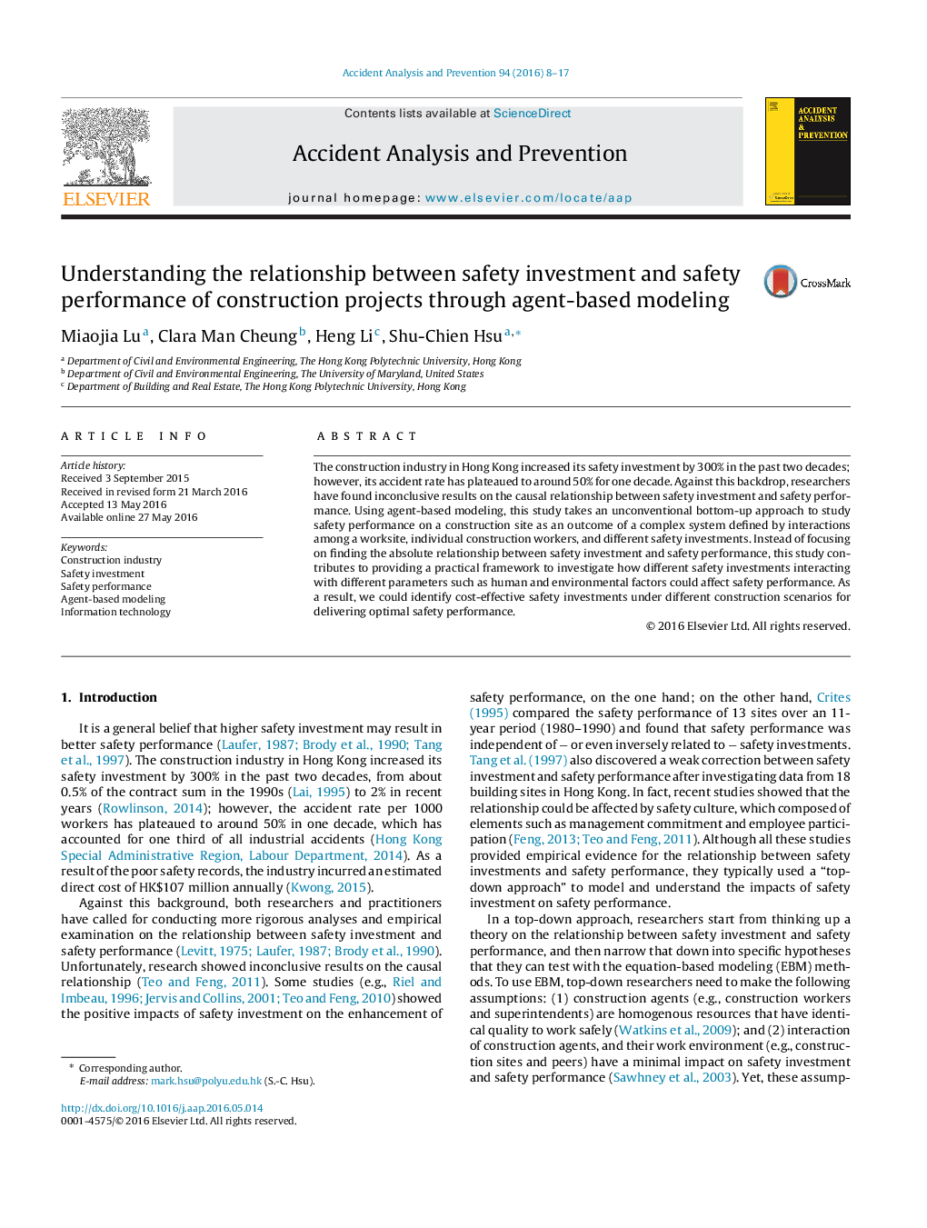 Understanding the relationship between safety investment and safety performance of construction projects through agent-based modeling