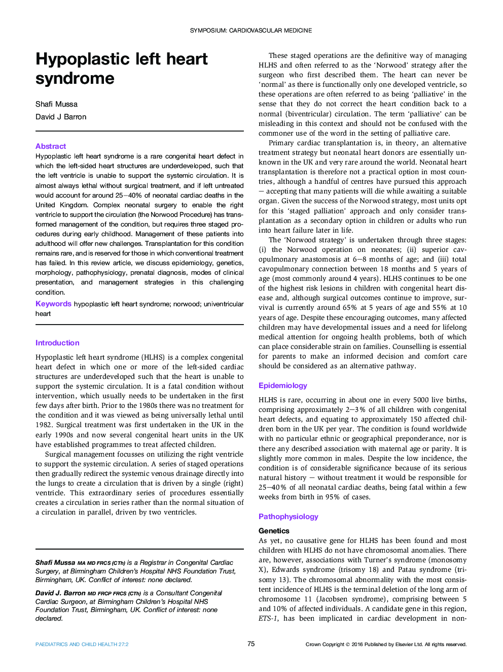 Symposium: cardiovascular medicineHypoplastic left heart syndrome