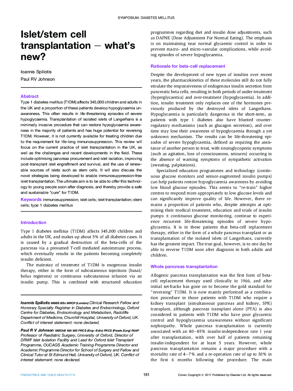 Symposium: diabetes mellitusIslet/stem cell transplantation - what's new?