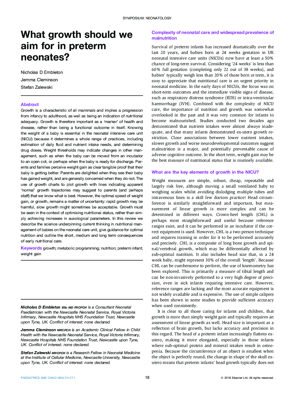 Symposium: neonatologyWhat growth should we aim for in preterm neonates?