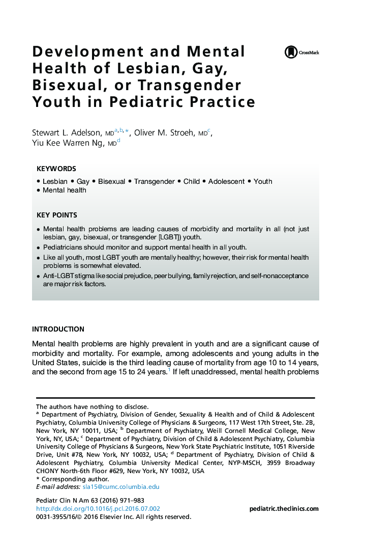 Development and Mental Health of Lesbian, Gay, Bisexual, or Transgender Youth in Pediatric Practice