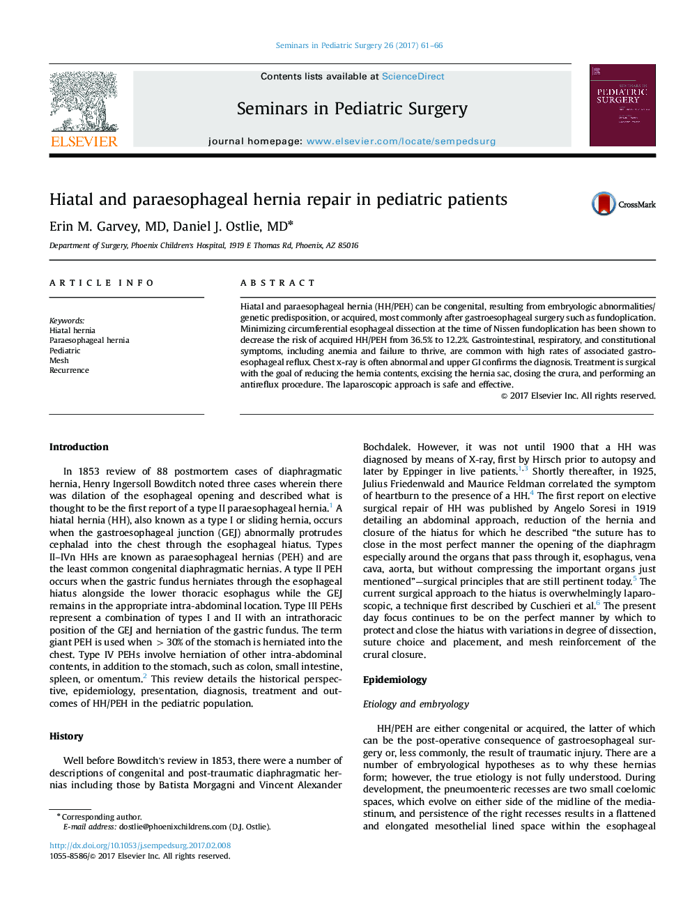 Hiatal and paraesophageal hernia repair in pediatric patients