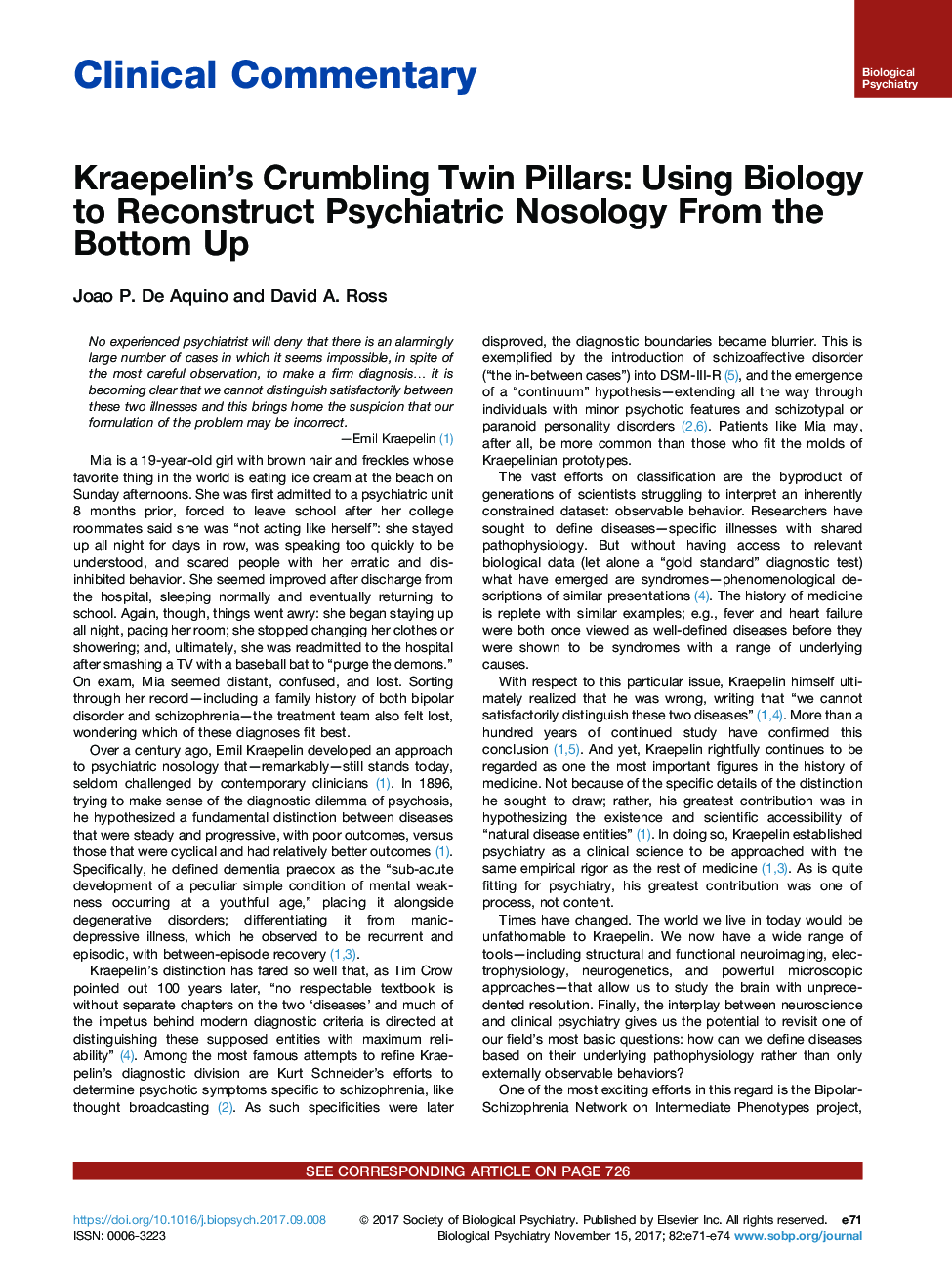 عکس صفحه اول مقاله: Kraepelin's Crumbling Twin Pillars: Using Biology to Reconstruct Psychiatric Nosology From the Bottom Up Kraepelin's Crumbling Twin Pillars: Using Biology to Reconstruct Psychiatric Nosology From the Bottom Up