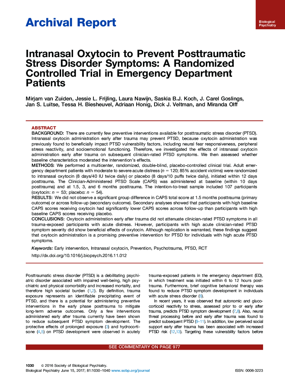 Archival ReportIntranasal Oxytocin to Prevent Posttraumatic Stress Disorder Symptoms: A Randomized Controlled Trial in Emergency Department Patients