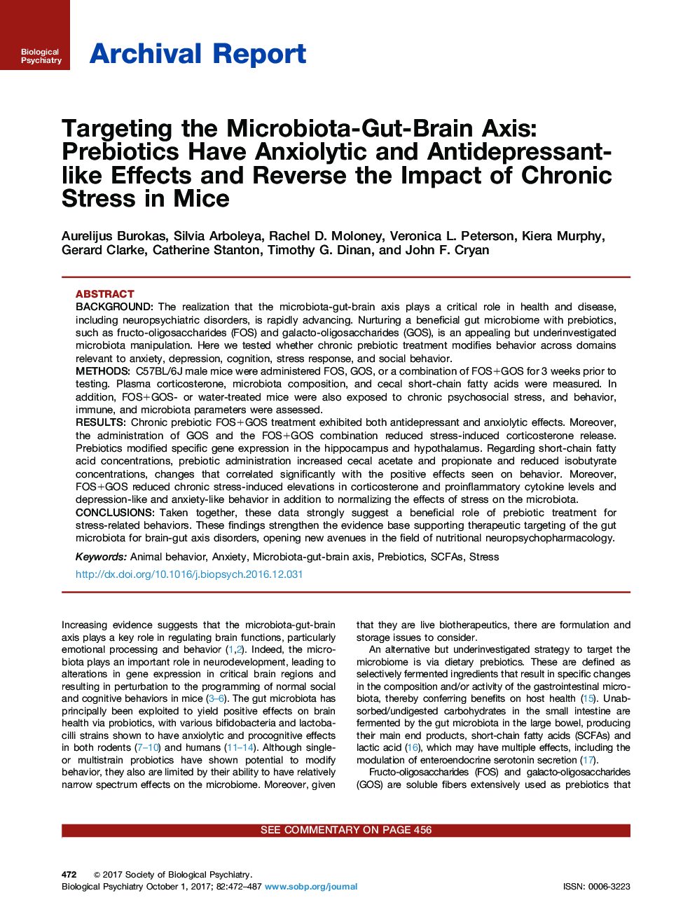 Targeting the Microbiota-Gut-Brain Axis: Prebiotics Have Anxiolytic and Antidepressant-like Effects and Reverse the Impact of Chronic Stress in Mice