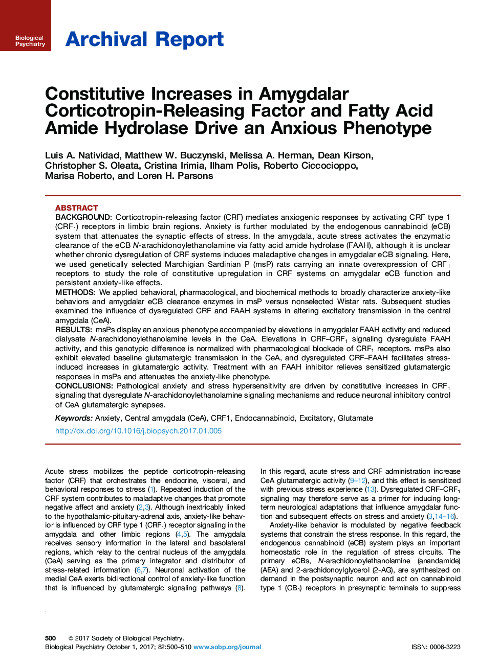 Archival ReportConstitutive Increases in Amygdalar Corticotropin-Releasing Factor and Fatty Acid Amide Hydrolase Drive an Anxious Phenotype