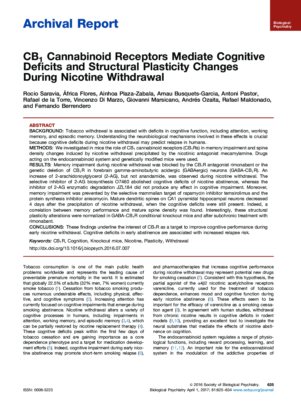 عکس صفحه اول مقاله: Archival ReportCB1 Cannabinoid Receptors Mediate Cognitive Deficits and Structural Plasticity Changes During Nicotine Withdrawal Archival ReportCB1 Cannabinoid Receptors Mediate Cognitive Deficits and Structural Plasticity Changes During Nicotine Withdrawal