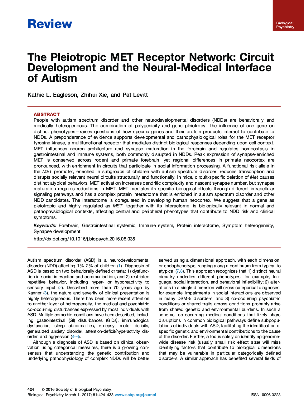 عکس صفحه اول مقاله: ReviewThe Pleiotropic MET Receptor Network: Circuit Development and the Neural-Medical Interface of Autism ReviewThe Pleiotropic MET Receptor Network: Circuit Development and the Neural-Medical Interface of Autism