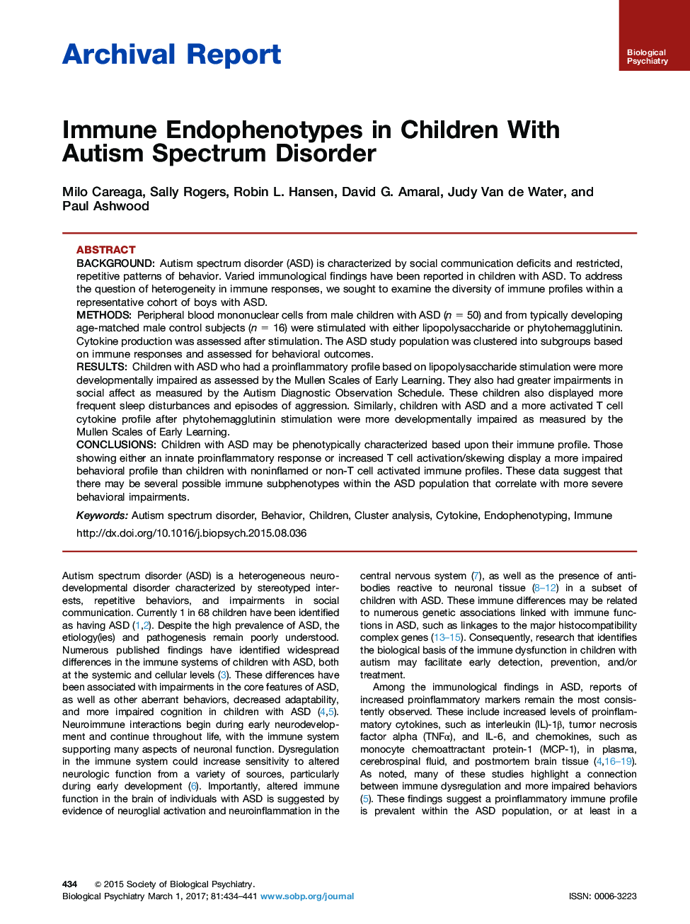 Archival ReportImmune Endophenotypes in Children With Autism Spectrum Disorder